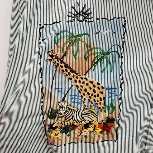 Circus Circus Woman's Vintage Green White Stripe Safari Embroidery Shirt Plus 2X - Picture 3 of 11